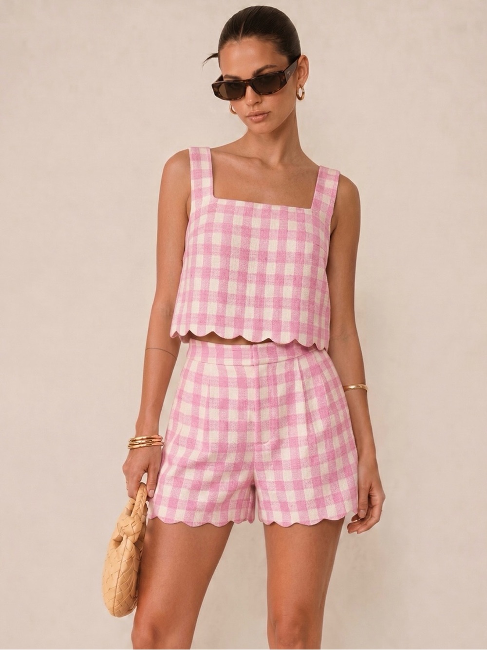 Commense Pink Gingham Scallop-Hem High Waist Short Set